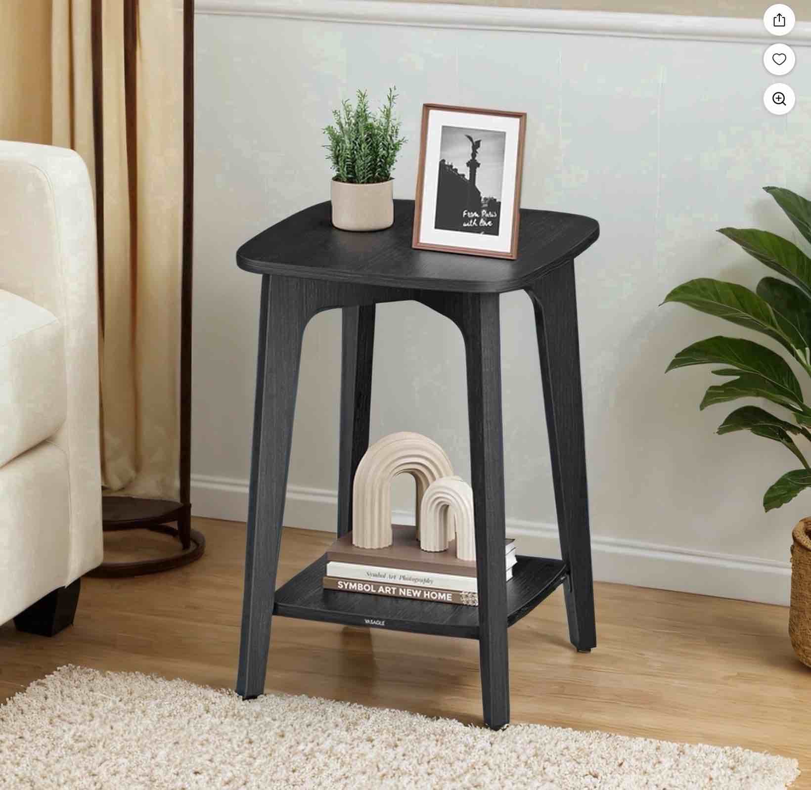 LEDREM Mid-Century 2 Tiers Accent Table, Square Side Table with Storage Shelf, 198lb Capacity, Sturdy End Table for Apartment, Dorm, Home Office,Black