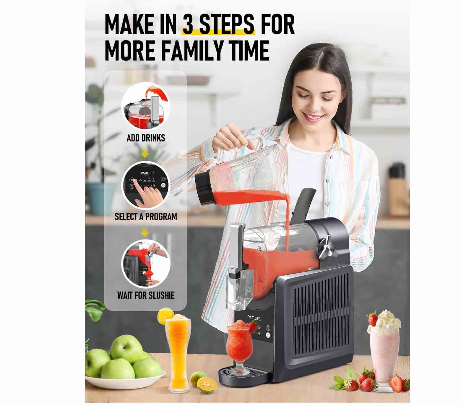 Slushie Machine, No Ice Needed, PAMBEE 88 oz Frozen Drink Maker for Home with Self-Cleaning, 5 Preset Programs, Frozen Margaritas, Frappés, Milkshake, and More