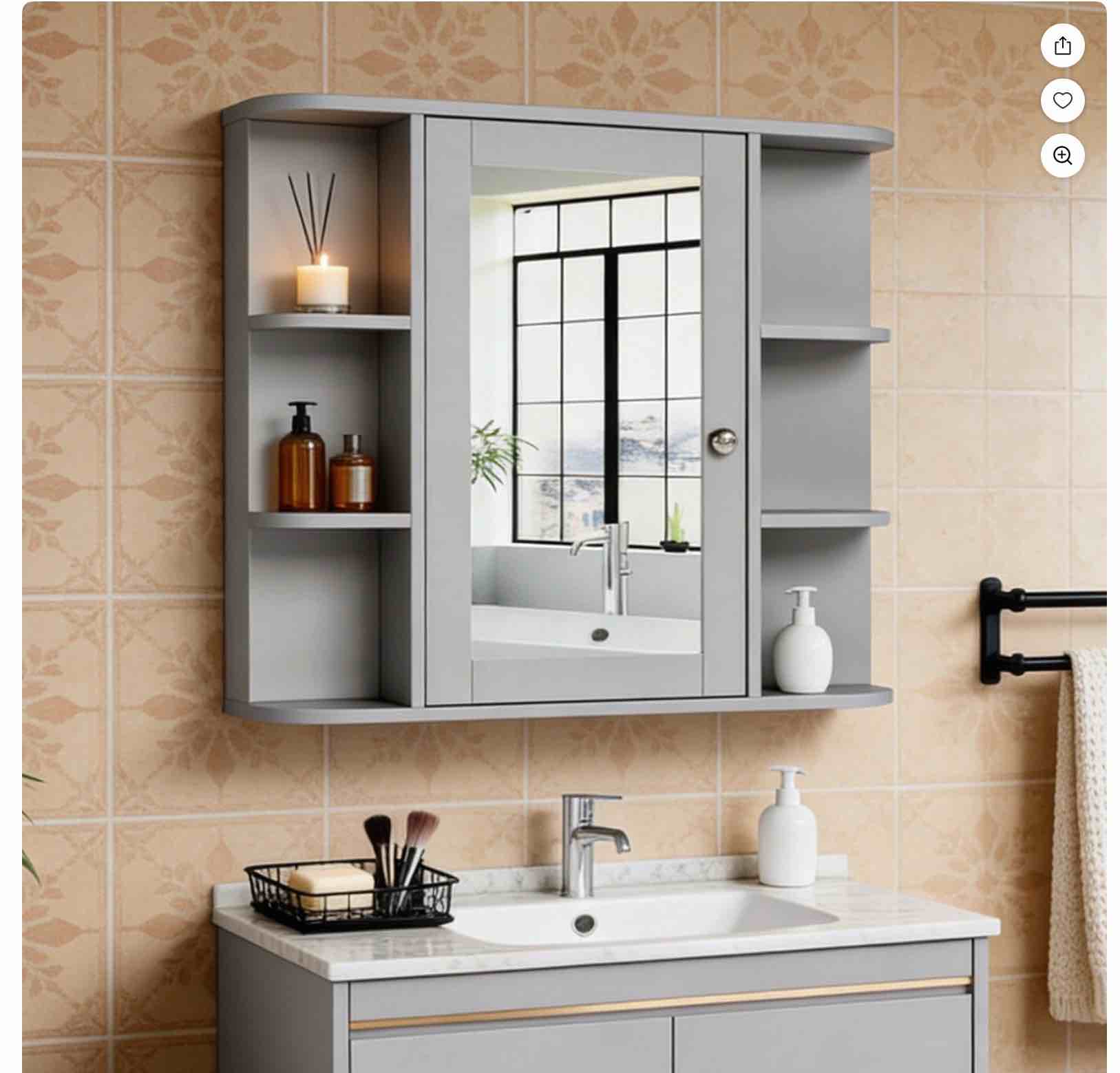 Ktaxon Wooden Bathroom Medicine Cabinet with Mirror Door & 8 Shelves, Wall Mounted Storage Organizer, Gray