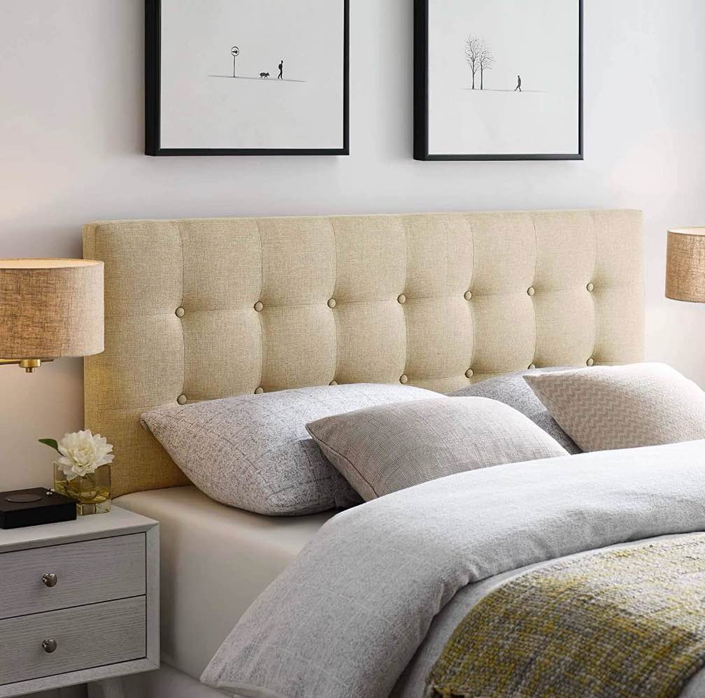Tufted Button Linen Fabric Upholstered Twin Headboard in Beige