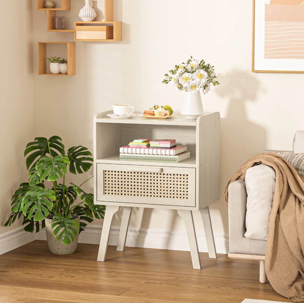 LELELINKY Boho Nightstand, Side Table Night Table, Mid Century Modern Night Stand for Bedroom, Dorm and Small Spaces, Grey White