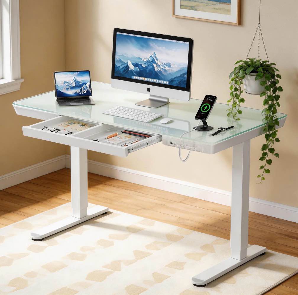 CHITOOMA Glass Top Electric Standing Desk with Drawer, 55'' x 28'' Electric Height Adjustable Desk with USB Charging Ports, Sit Stand up for Home Office