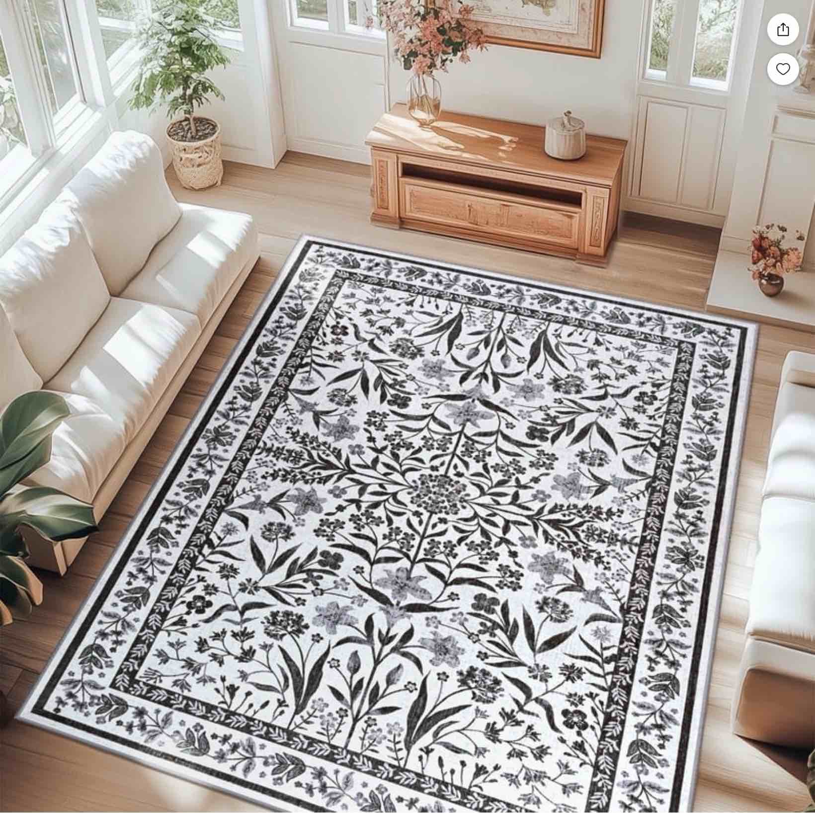 Jamfeel Floral Print Area Rug Ultra-Thin Indoor Carpet Low Pile Non Slip Washable Rugs for Living Room, Bedroom, 6’x9' Black and White