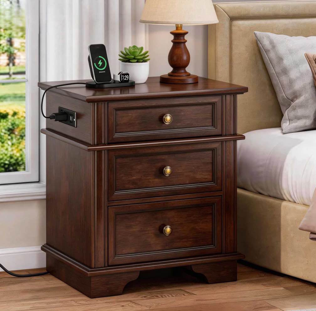 Ktaxon Wooden Nightstand with Outlets & USB Ports, 3 Drawer Traditional Cottage Bedside Table, Brown