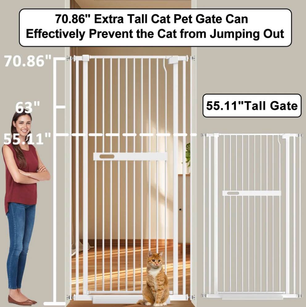 Fairy Baby 70.8" Extra Tall Pet Cat Gate 29.99-61.43" Wide Pressure Mounted Walk Through White Metal