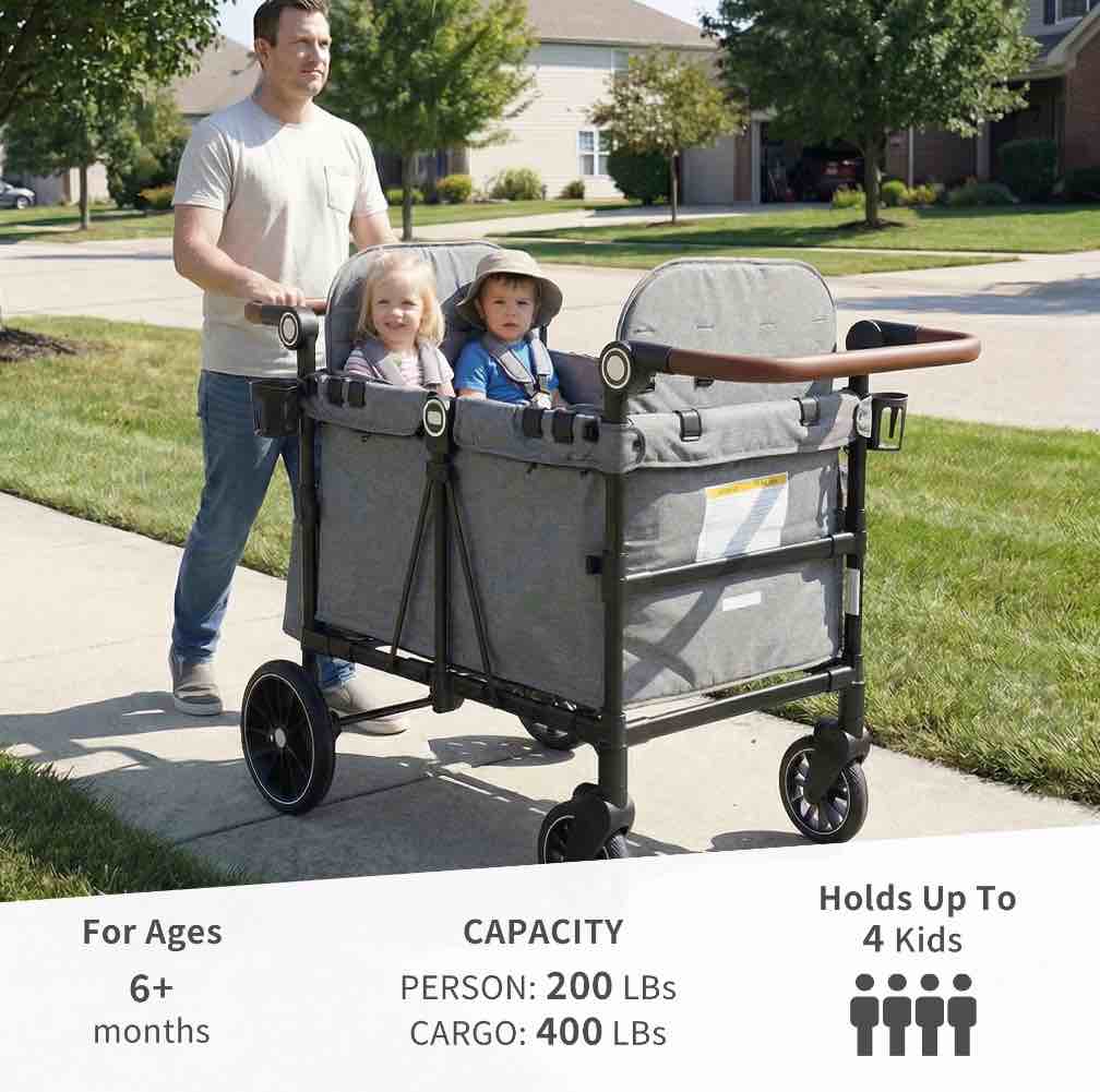 AILEEKISS Wagon Stroller for 4 Toddlers, 4-in-1 Baby Wagon with Canopy, 59 Pounds, Grey