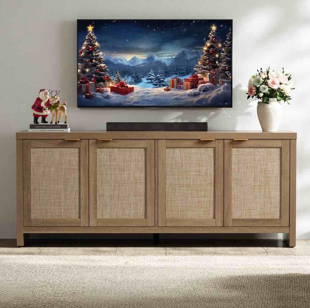 SICOTAS 61.5"W Rattan TV Stand with 4 Doors, Boho Entertainment Center with Adjustable Shelves & Spacious Countertop – Large Boho Farmhouse Media Console for Living Room, Reclaimed Caramel Oak