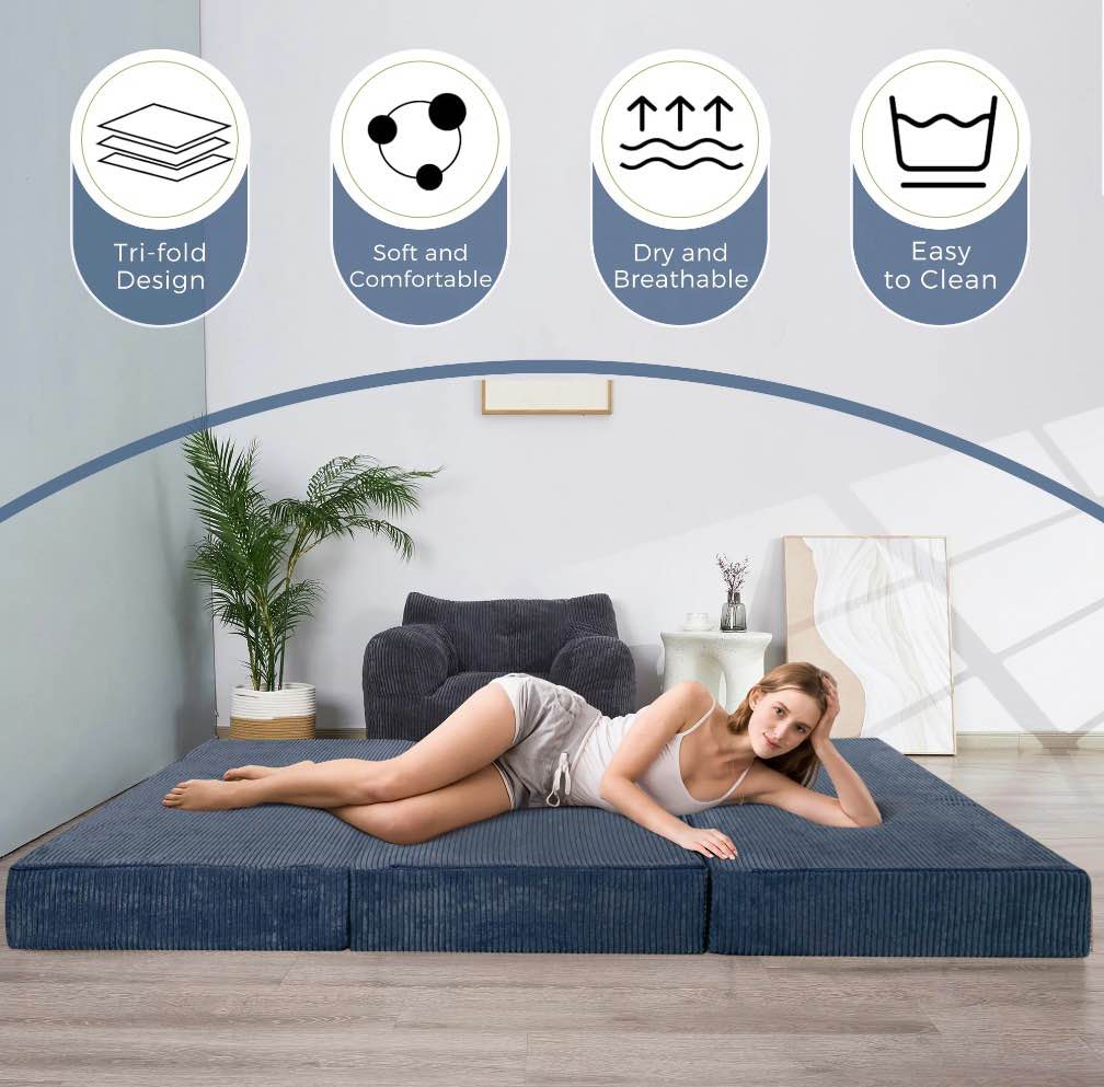 MAXYOYO 6 inch Folding Corduroy Mattress, Tri Fold Floor Mattress thick with Washable Cover,Foldable in Three,Space-Saving for Guest (Blue, Queen)