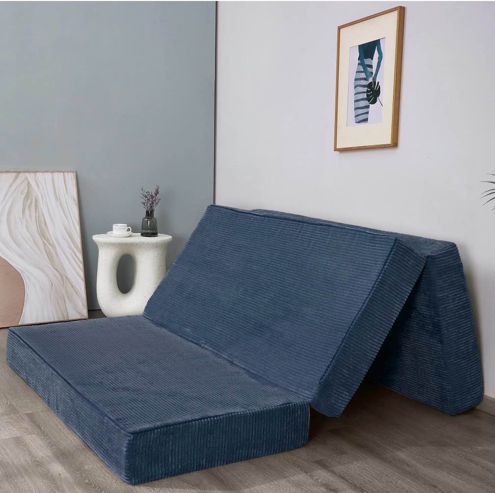 MAXYOYO 6 inch Folding Corduroy Mattress, Tri Fold Floor Mattress thick with Washable Cover,Foldable in Three,Space-Saving for Guest (Blue, Queen)