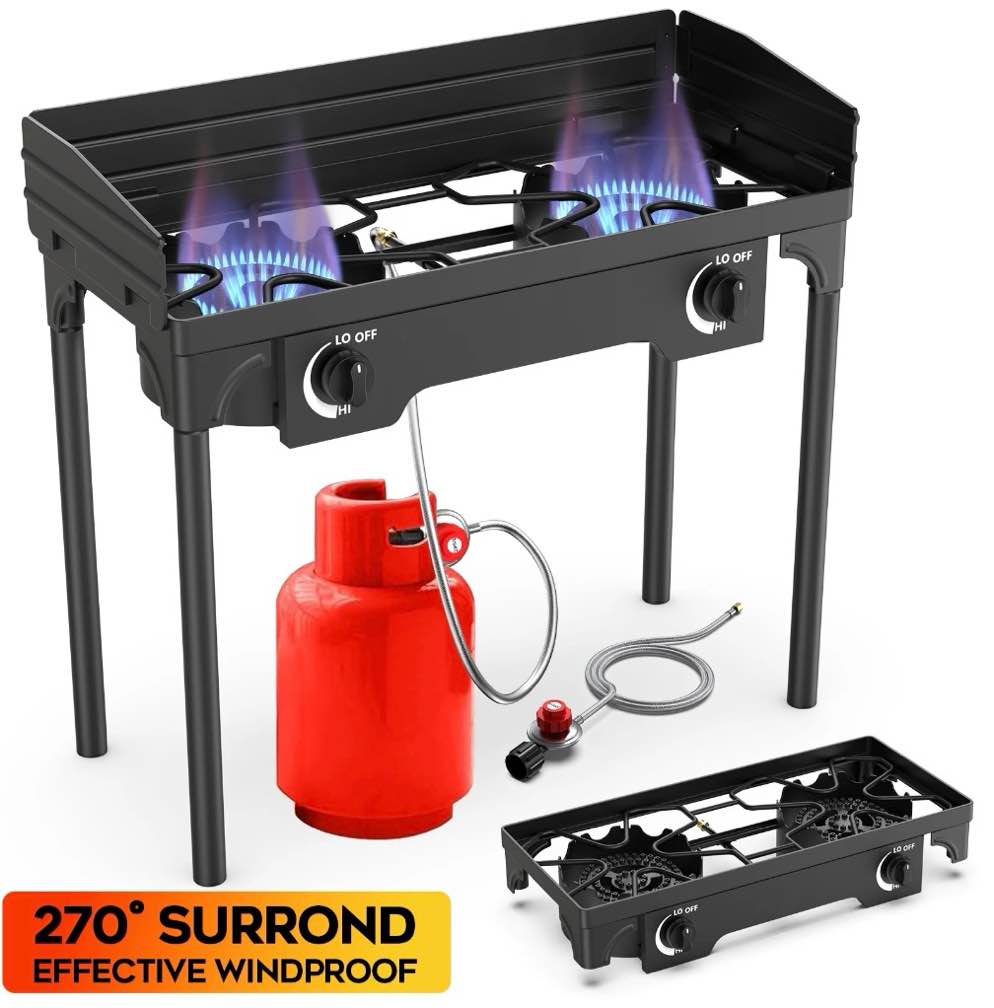 LNOW Gas Cooker Outdoor Propane Camping Stove with Wind Panel Picnic Stove Stand BBQ Grill Portable 150000 BTU Gas Stove 2 Burner for Camping