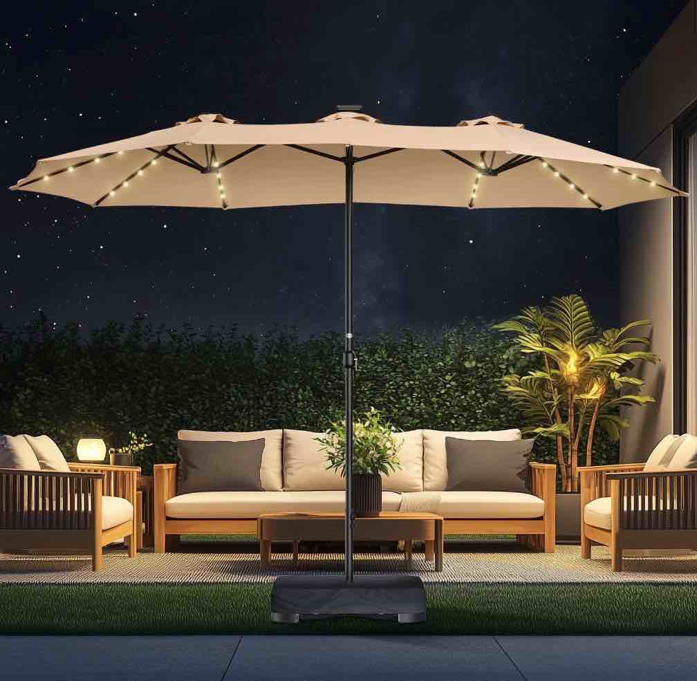 Patbrela 15ft Patio Umbrella with Light and Base, Double Sided  Large Rectangular Outdoor Umbrella with Crank Handle, for Garden, Yard, Poolside and Outdoor Activities, Beige