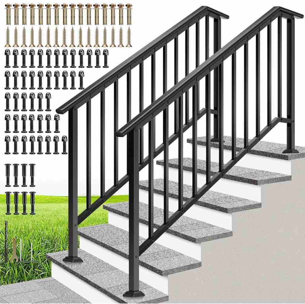 SPECSTAR 2-Pack Galvanized Steel Hand Rails for Outdoor Steps – 67.6" Black Oval and Safety Balusters Exterior Railing Kit for Porch, Deck, or Indoor Stairs (6-Step, Black)