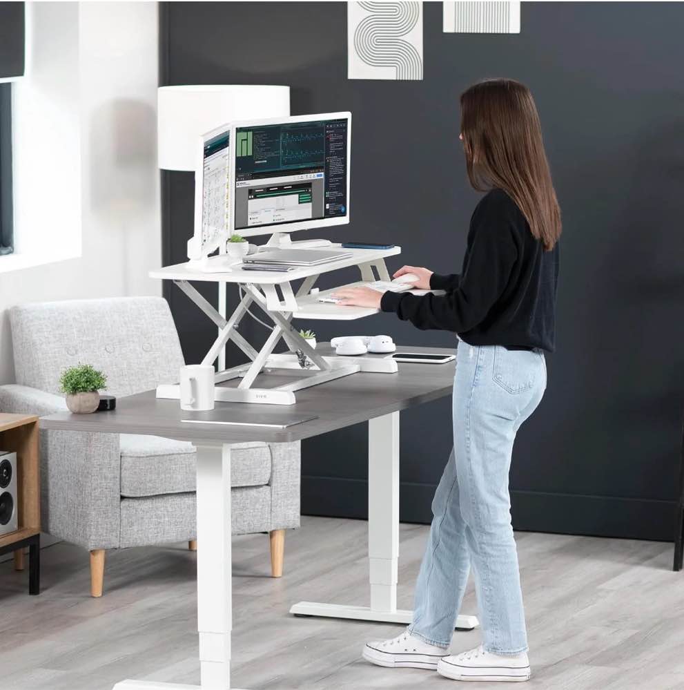 SUSUZI 37" Standing Desk Converter, 2 Tier Height Adjustable Sit Stand up Desk Riser, White