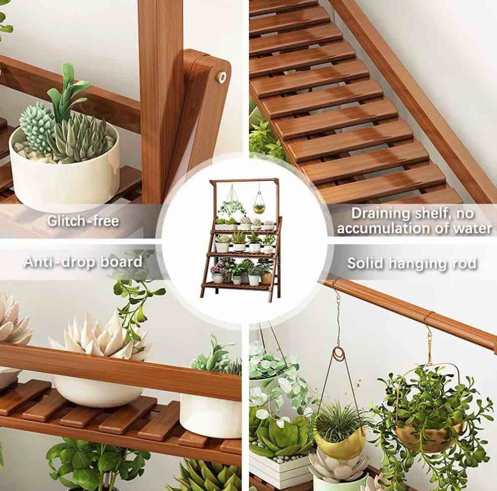 3-Shelf Flower Stand Plant Display for Indoors and Outdoors,3 Tiers 15 Potted Wood Plant Holder Table Stand for Patio Garden Living Room Yard,Bamboo