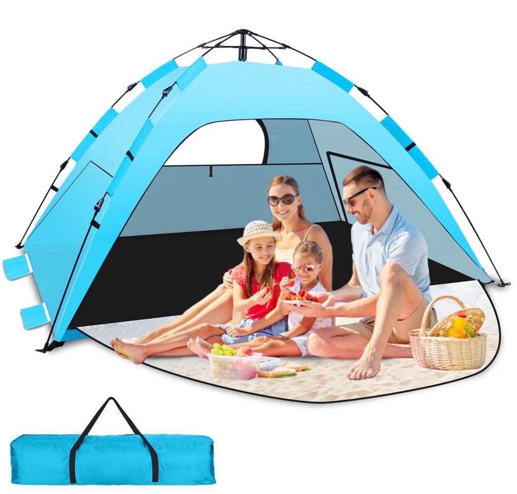 WARMTUYO Pop up Beach Tent for 2-3 Person, UPF 50+ Sun Shelter, Portable Extendable Beach Canopy, for Camping, Hiking, Outdoor, with Zip and Privacy Screen, -Sky Blue