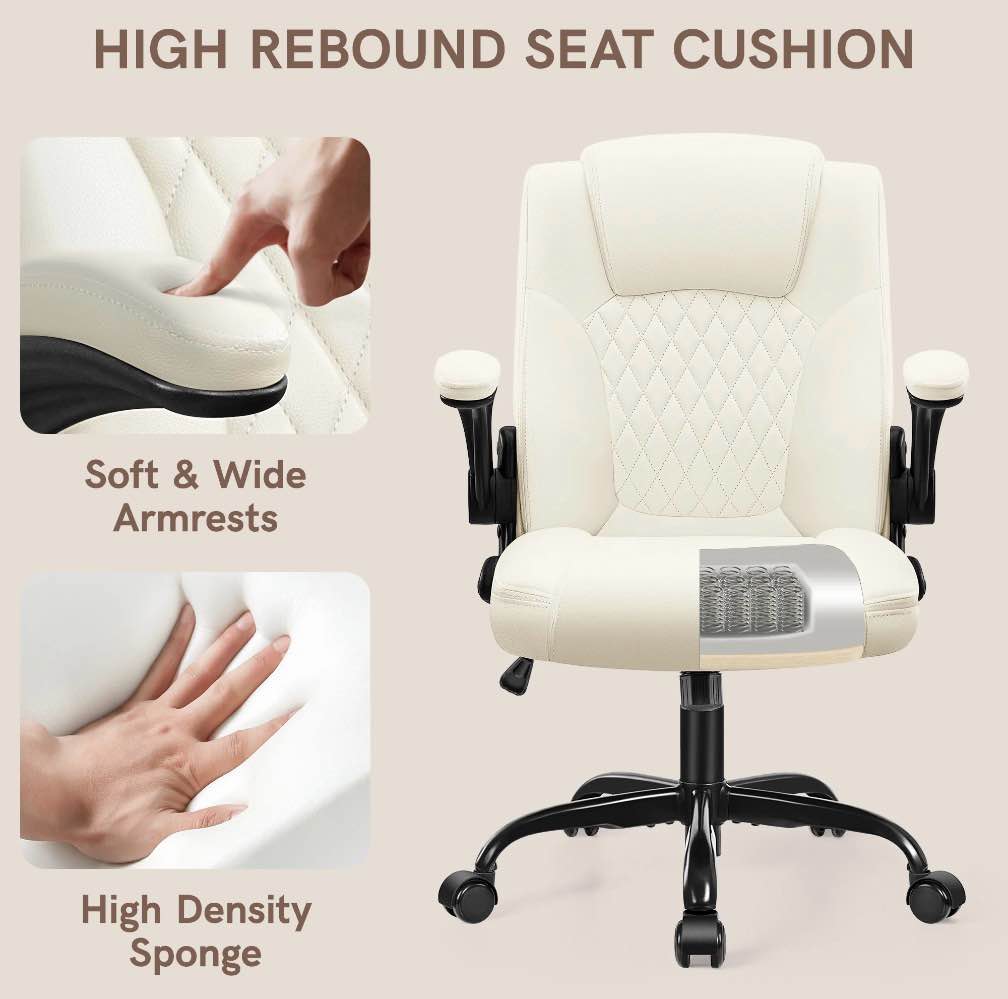 COOLHUT Leather Office Chair, Big and Tall Office Chair 400LBS Wide Seat Ergonomic Computer Desk Chair High Back Executive Leather Chair Adjustable Task Chair Lumbar Back, Off-White
