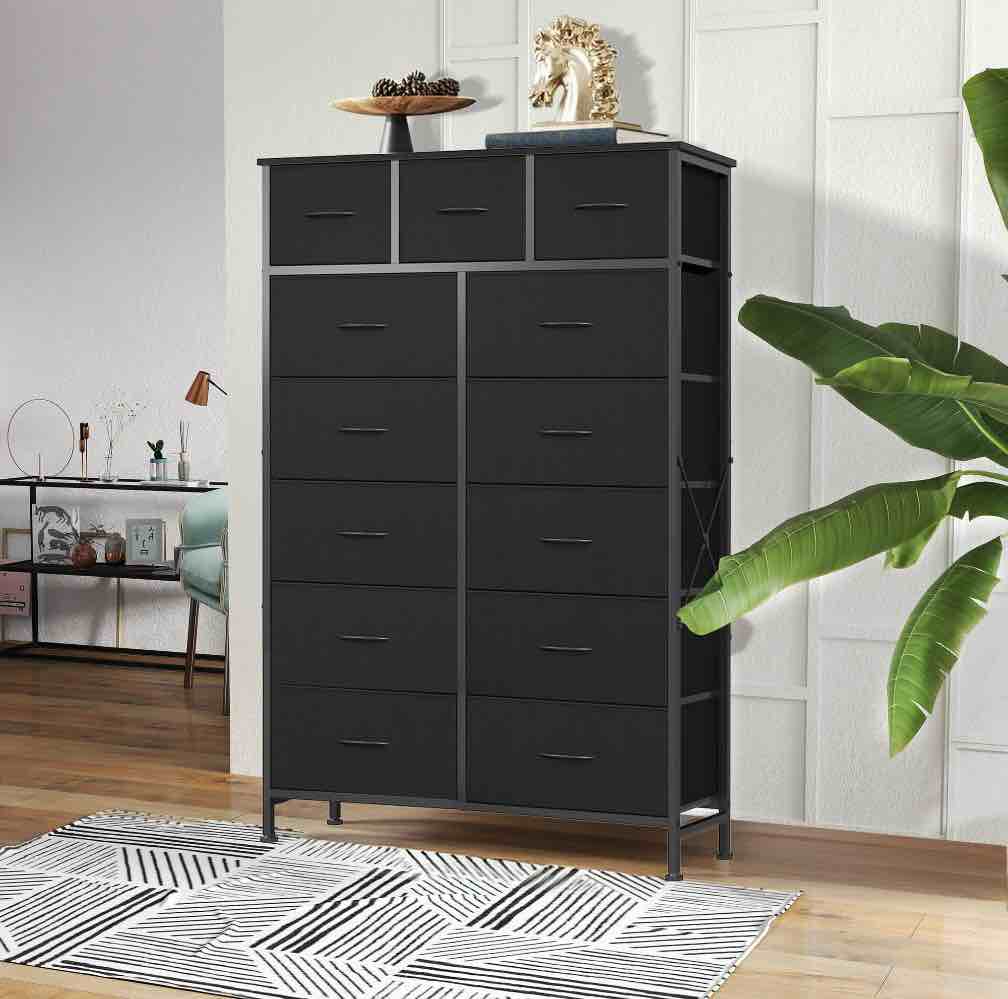 edx 13-Drawer Fabric Dresser, Sturdy Steel Frame Storage Cabinet for Bedroom Closet Clothes, Black