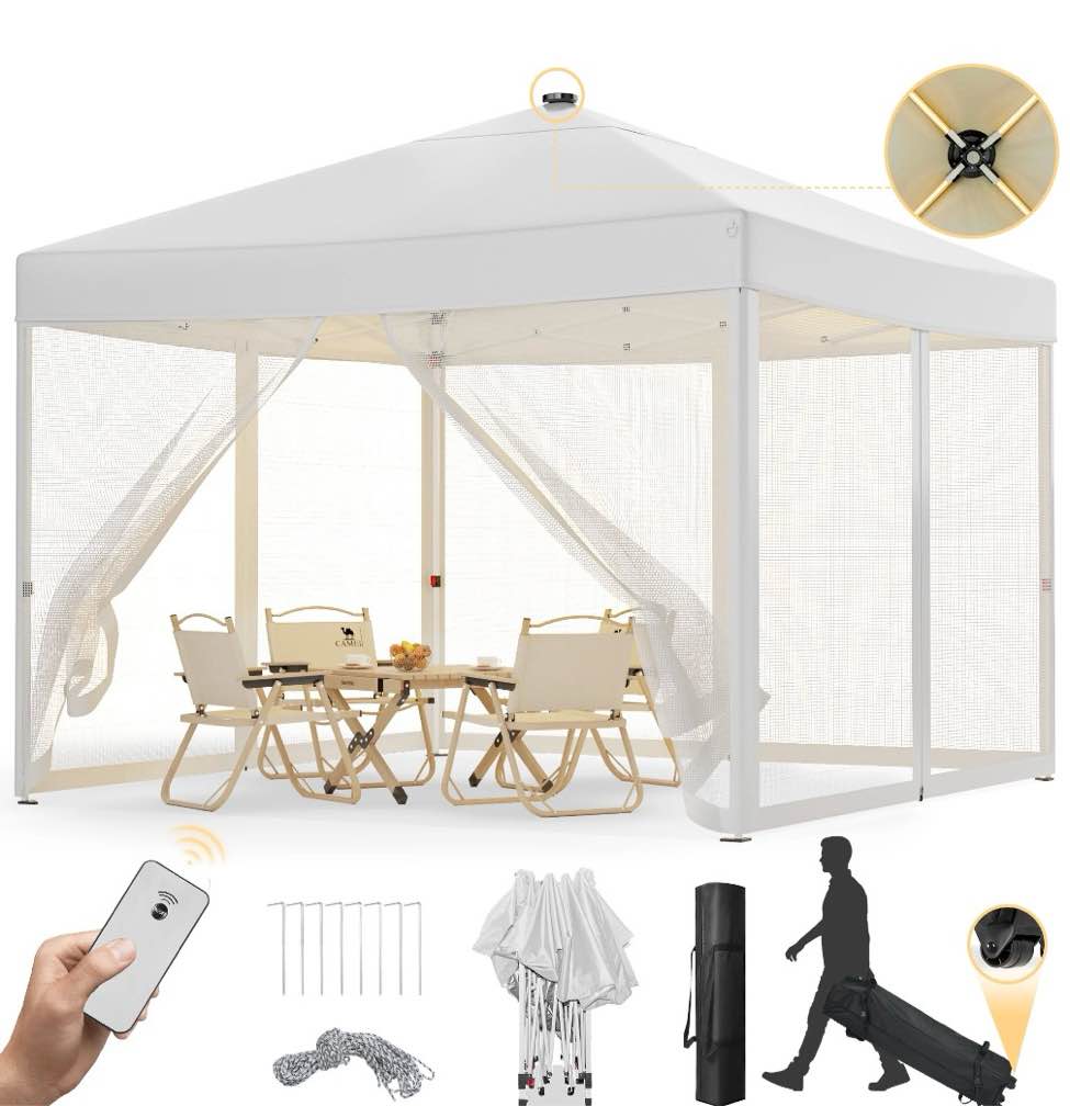 Vecukty 10'x10' Pop-Up Canopy Tent with Mesh Sidewalls & LED Lights, Instant Outdoor Shelter, White