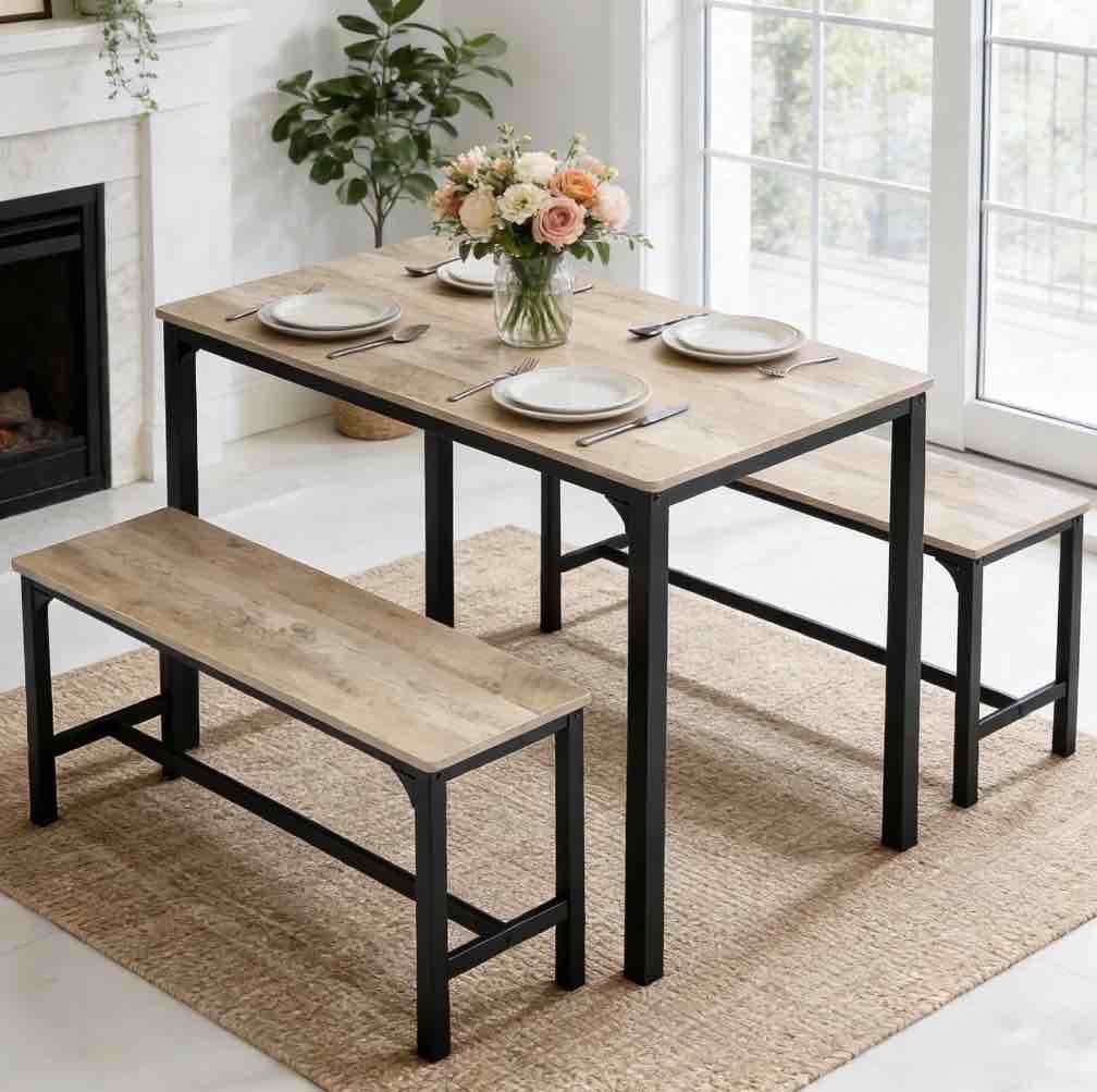 edx Dining Table Set for 4 with 2 Benches, Space-Saving Ideal 4-Person Set Kitchen Table for Daily Meals, Brunches, Workspace,Gray