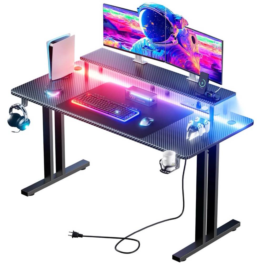 HLDIRECT 63 inch Gaming Desk with LED Lights & Power Outlet, Computer Gamer Desk with Monitor Stand