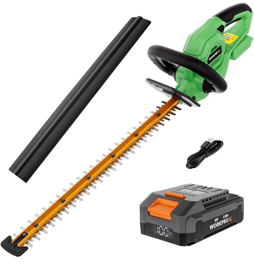 WORKPROX 20V Cordless Hedge Trimmer, 22" Dual Action Blade Electric Bush Shrub Trimmer, with Battery & Charging Cable