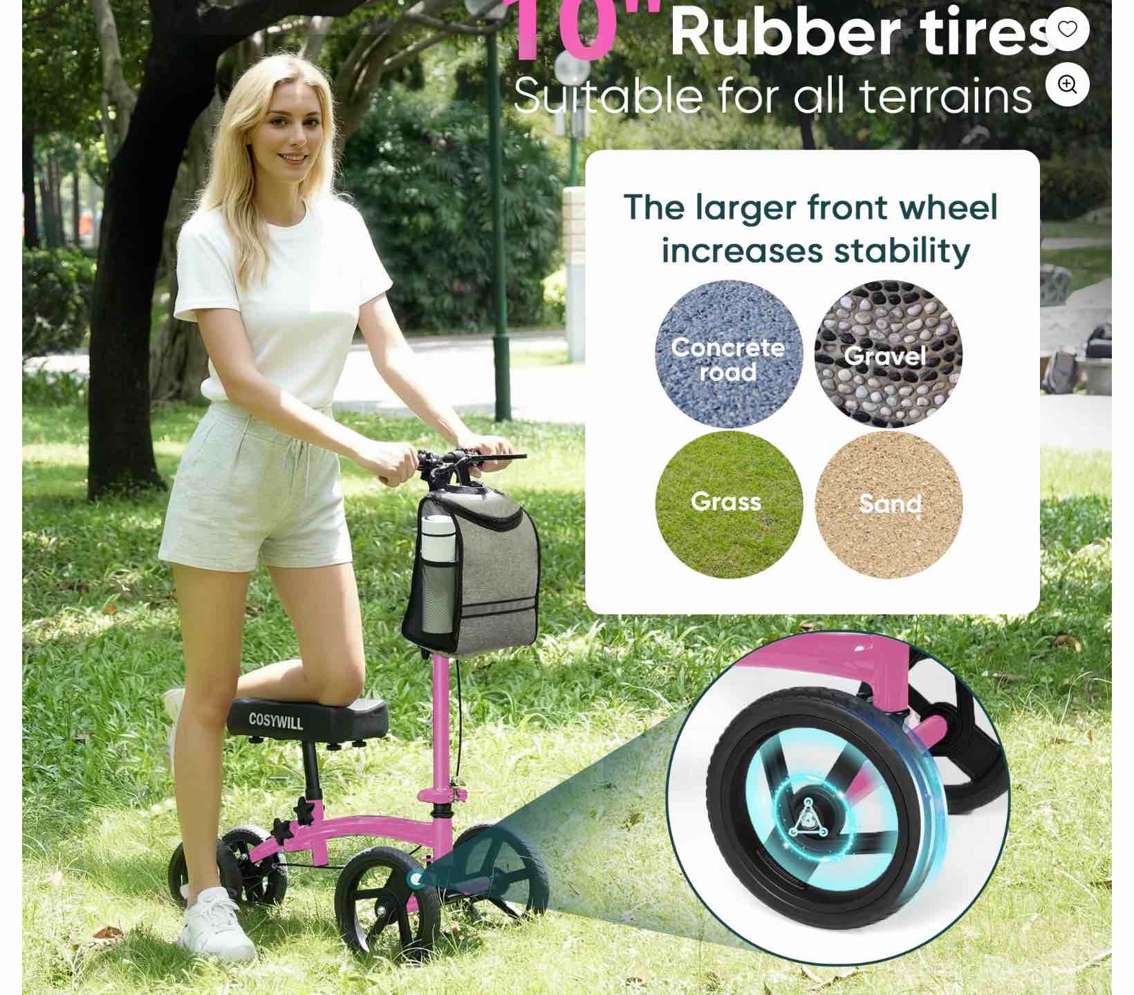 COSYWILL Steerable Knee Scooter,Economy Knee Walker,All Terrain Foldable Medical Scooter for Foot Injuries Crutches Alternative,Pink