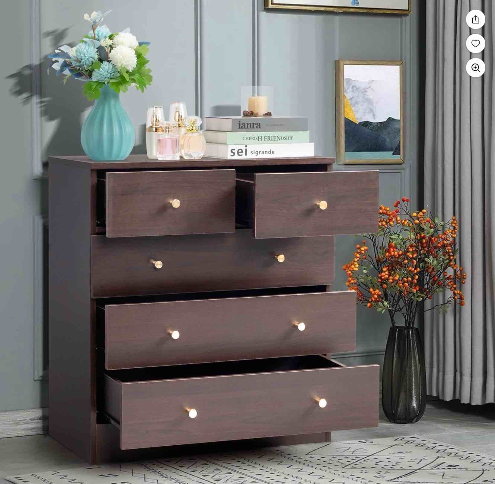 UBesGoo 5 Drawer Wood Dresser for Bedroom, Chest of Drawers, Storage Organization Unit for Clothing, Brown
