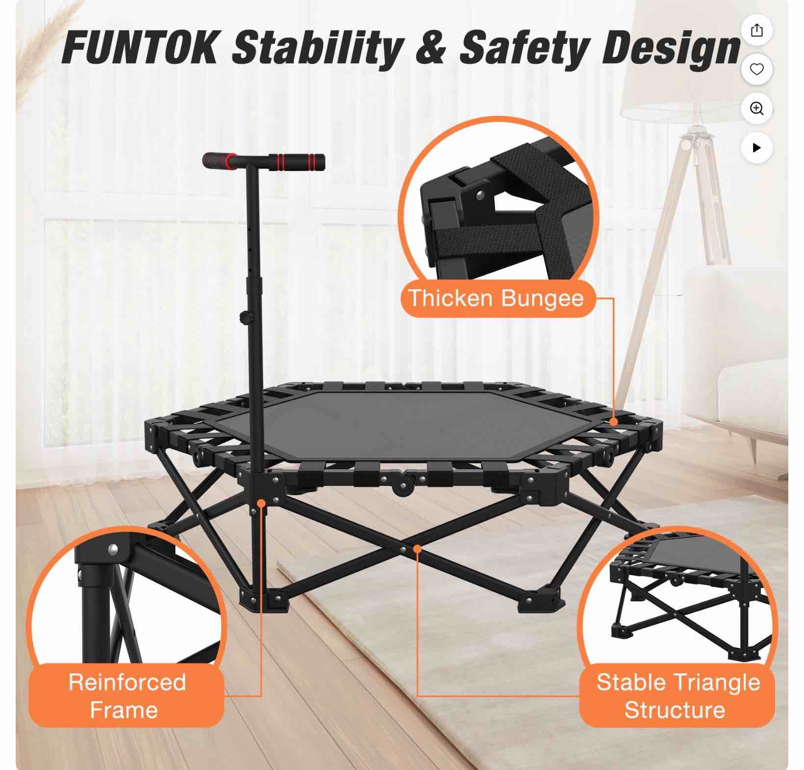 FUNTOK 42" Foldable Mini Trampoline 440lbs, 95% Assembled Fitness Trampoline Rebounder w/ Silent Bungees, Adjustable Handle Exercise Rebounder for Adults Indoor Garden Workout