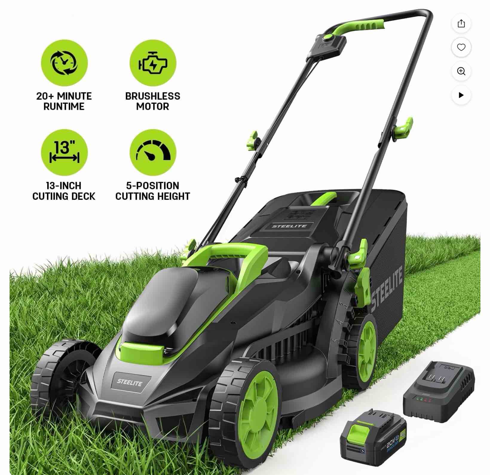 Steelite 13-Inch Cordless Lawn Mower, 21V Electric Lawn Mowers with Brushless Motor for Garden,5 Heights Adjustment, 4.0Ah Battery & Charger Included