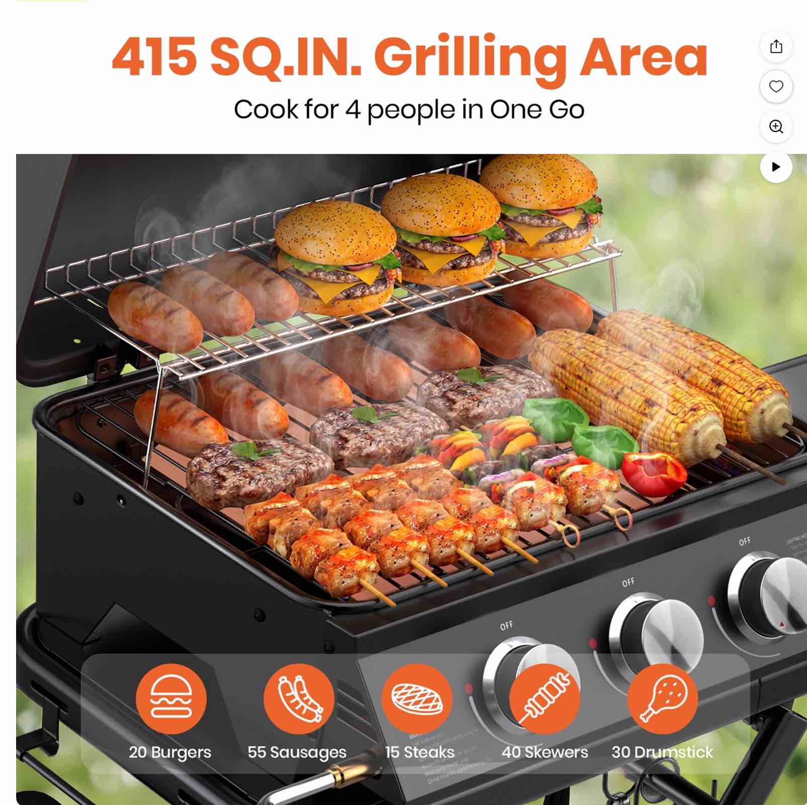 3-Burner Portable Grill with Foldable Legs, 30,000BTU Gas Grill , 415 SQ.IN Detachable Propane Grills, Non-Stick Porcelain Grate, Outdoor Bbq Grill for Camping, Tailgating, Backyard Cooking