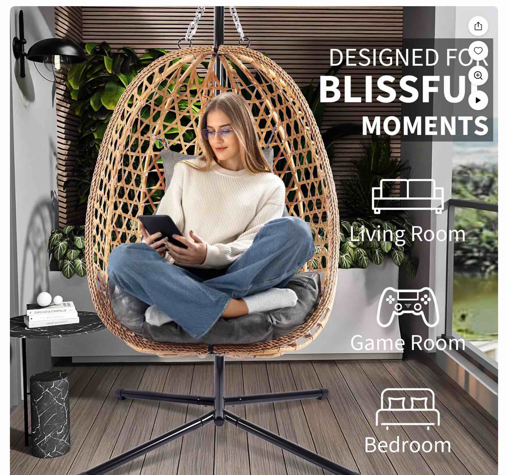 Egg Chair with Stand, Patio Wicker LHBcraft Hanging Chair, Hammock Swing Chair, 350LBS Capacity for Bedroom, Balcony, Garden