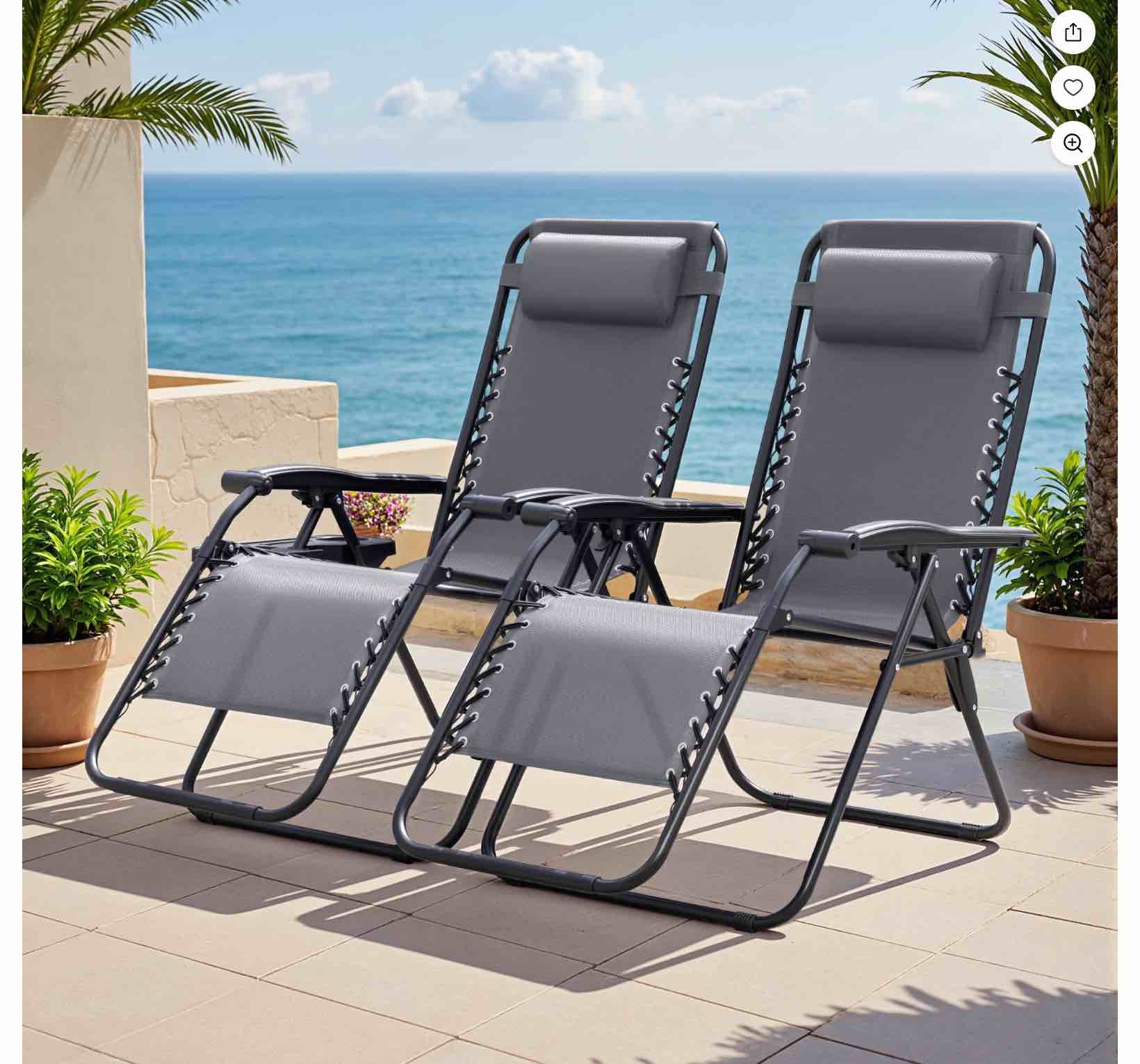 Lacoo Zero Gravity Chair Patio Outdoor Foldable Lawn Lounge Chair Reclining Chair with Adjustable Pillow Pack of 2, Gray