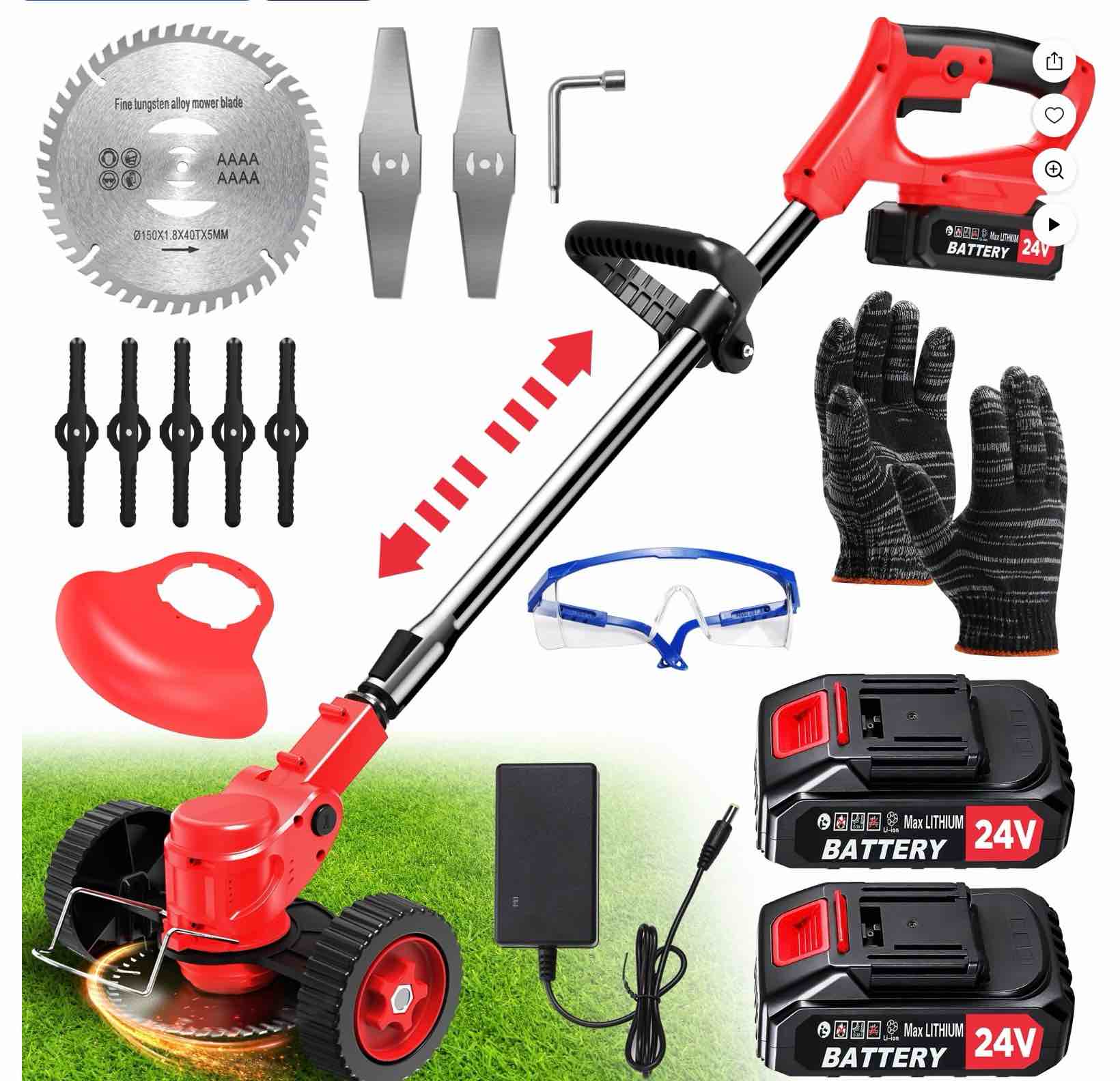 TNTANTS Electric Weed Wacker, Cordless String Trimmer with Wheels,  2Pcs 24V Batteries, 3 Types of Blades, Adjustable Length, Weed Eater Grass Trimmer/Edger/Brush Cutter for Lawn Yard Garden (Red)