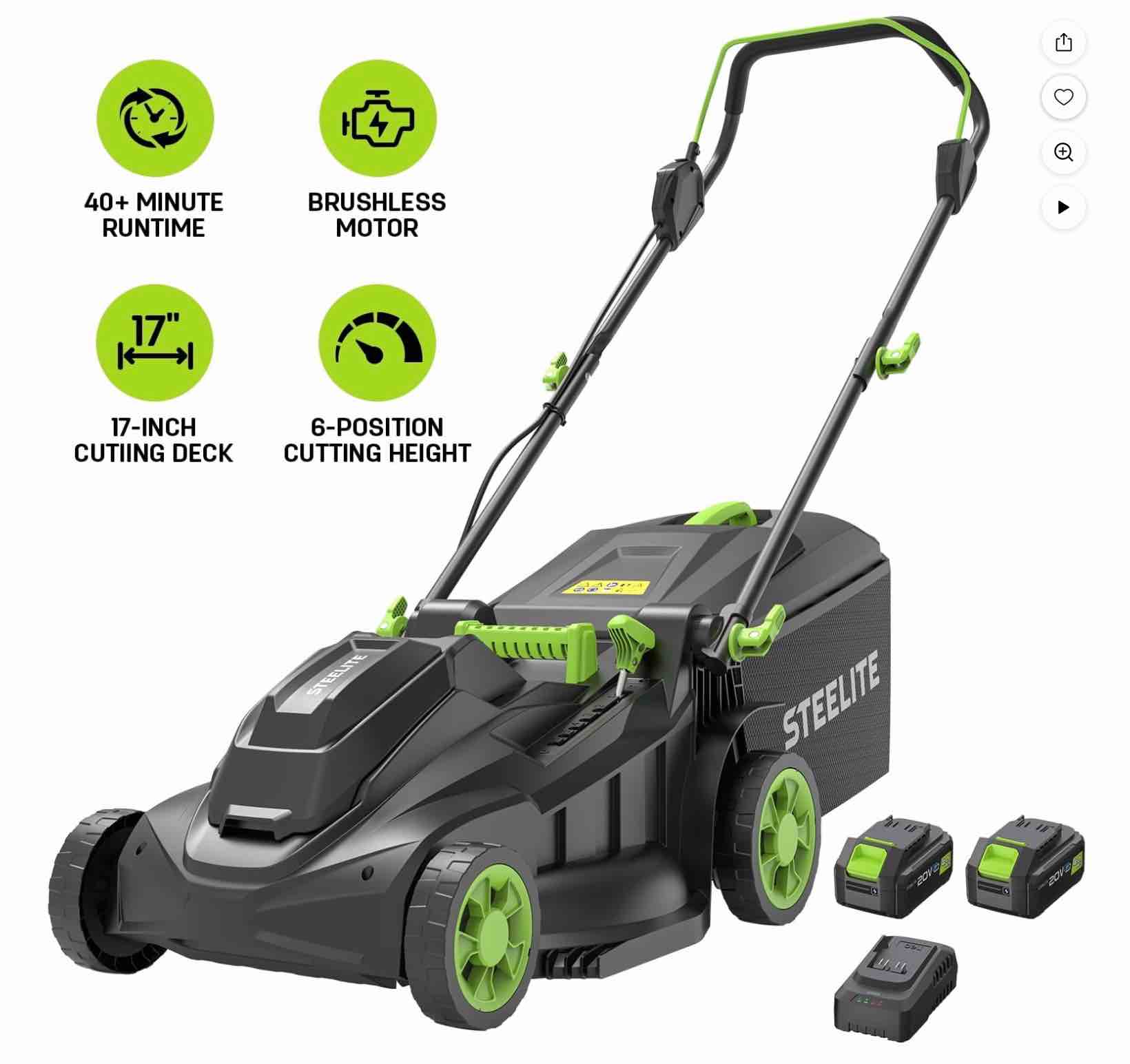 Steelite 17" Cordless Lawn Mower, 2x21V Battery Powered Walk-Behind Push Mowers,Electric Lawn Mowers with Brushless Motor, 2-in-1 Mulching & Bagging,6 Heights Adjustment, 2*4.0Ah Battery Included