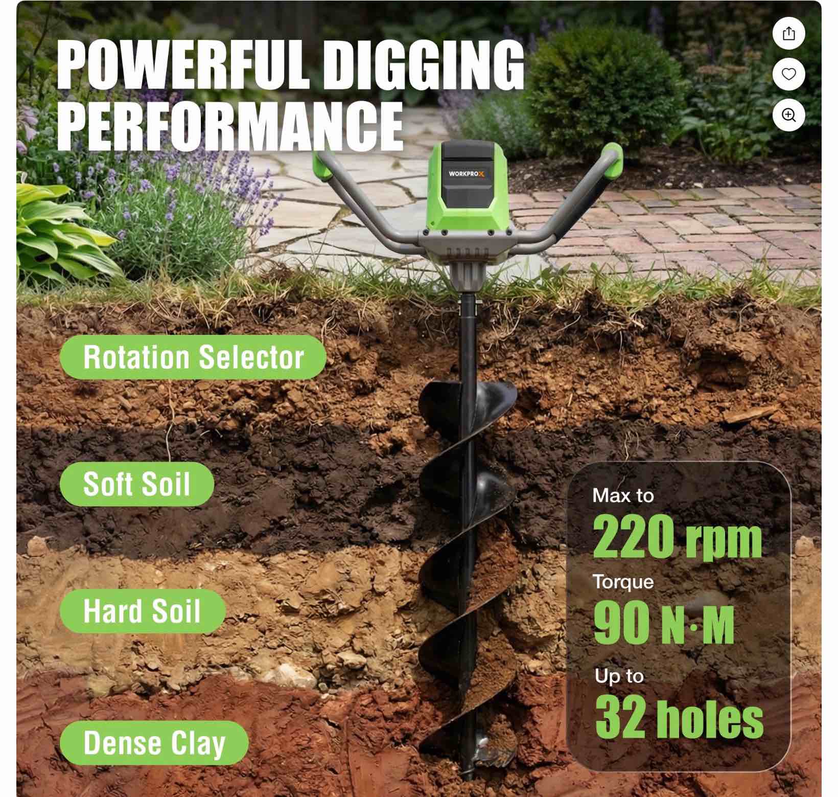 WORKPROX 40V Electric Cordless Earth Auger, 8" Post Hole Digger with 2-Speed & Reverse, Brushless Motor, 2 Batteries Included, for Fence Posts & Planting
