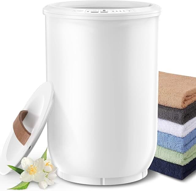 SAMEAT Heated Towel Warmers for Bathroom - Large Towel Warmer Bucket, Wood Handle, Auto Shut Off, Fits Up to Two 40"X70" Oversized Towels, White