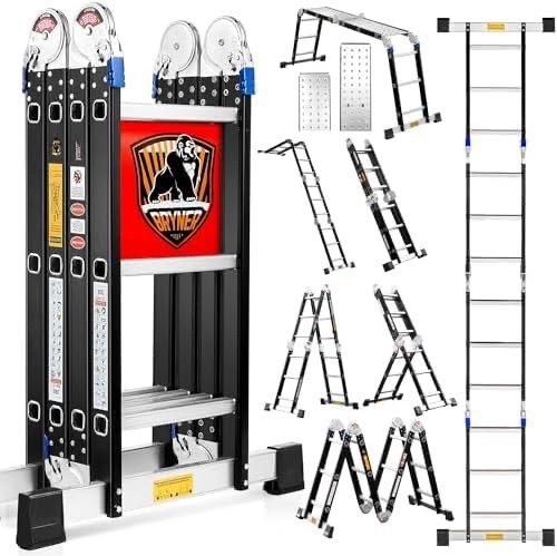 Step Ladder, Bryner Folding Ladder 19.6ft Multi-Purpose Aluminium Extension Ladders, 7 in 1 Folding Adjustable Telescoping Step Ladder 330lbs (12.0 Ft)