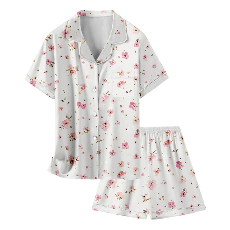MIXUE Toddler Girls Outfit Sets Summer Floral Print Lapel Button Down Short Sleeve Shirts Tops With Shorts Girls Pajama Sets Homewear,White XL(14-16)
