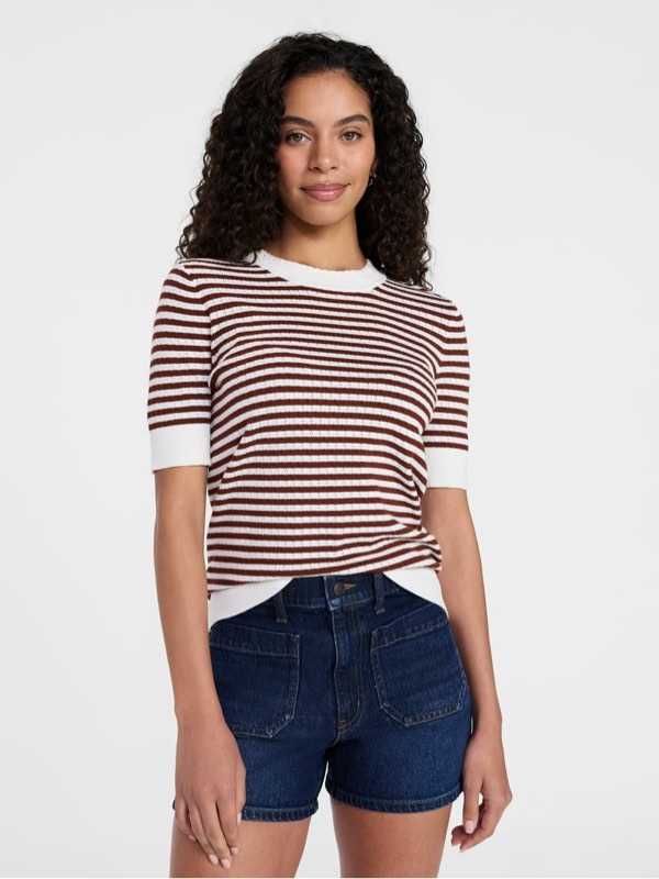 Time and Tru Women's Stripe Pointelle Rib Sweater with Short Sleeves, Lightweight, Sizes XXL