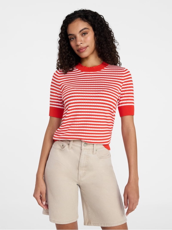 Time and Tru Women's Striped Pointelle Sweater with Short Sleeves, Lightweight, Sizes XXXL