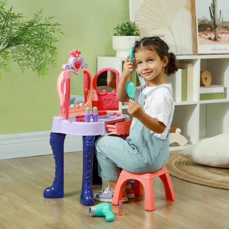 Qaba Kids Vanity Set with Mirror and Stool, Music, Light, Drawer, Hair Dryer, 20 Makeup Accessories, Multicolor
