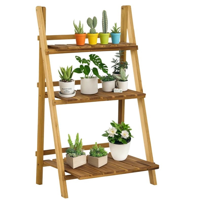 Outsunny 24'' Wooden Plant Stand, 3-Tier Foldable Flower Stand Ladder Display Plant Shelf?Slatted Bottom