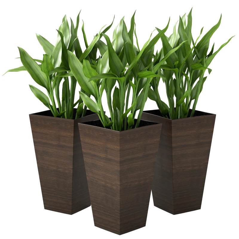 Outsunny Set of 3 Tall Planters, 28" Outdoor Planter w/ Drainage Holes, Faux Wood Plastic Flower Pots, Brown