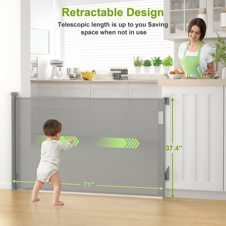 Vomeast Retractable Safety Gate,Extends up to 71in Wide,37.4in Tall Baby Safety Gates Dog Gate for Doorways Stairs(Grey)