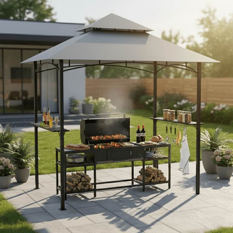 GVDV 8'x 5' Grill Gazebo Canopy, Outdoor BBQ Gazebo Shelter with 2 Side Shelves & Double-Tiered Top