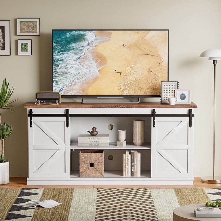 Vineego Rustic Modern TV Stand for 65-Inch TVs - Entertainment Center with Storage Cabinet & Sliding Barn Door Design,White