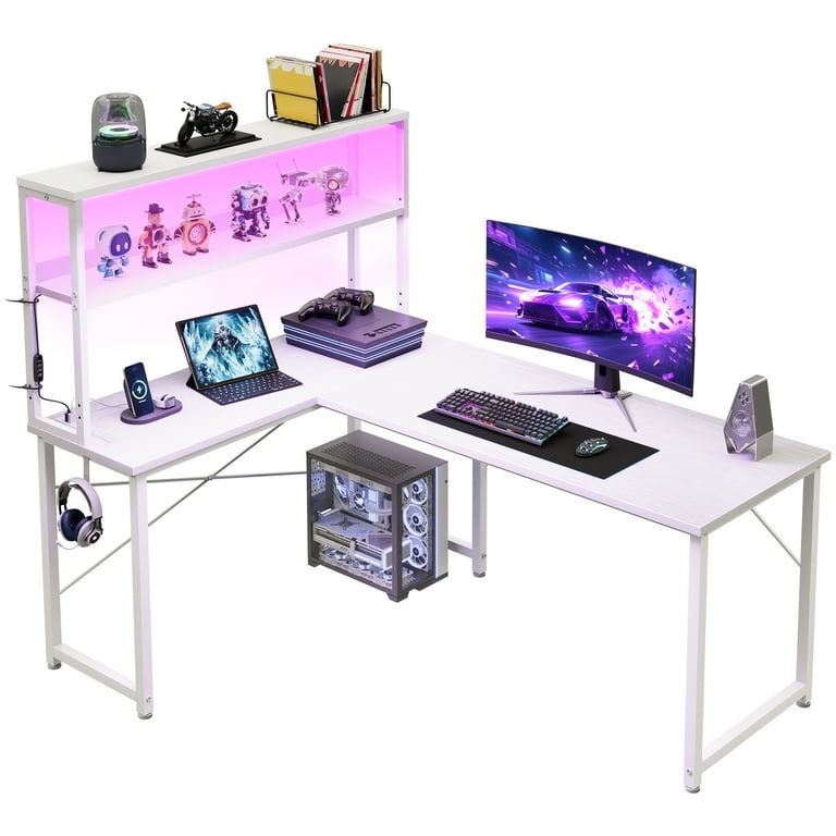 Casacomoda 53 Inch L Shaped Desk with LED Light & Power Outlet, Reversible L Shaped Computer Table with Shelf & Hook for Home Office, White