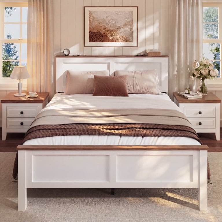 UHOMEPRO Full Size Bed Frame, Wooden Platform Bed with Headboard and Footboard, Strong Wood Slats Support, Farmhouse Style Full Bed Frame, No Box Spring Needed, White