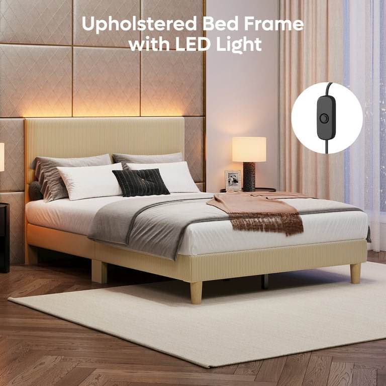 Bestier Corduroy Upholstered Full Bed Frame with Adjustable Headboard, Platform Bed Frame with LED Light, Solid Wood Slats, No Box Spring Needed, Beige