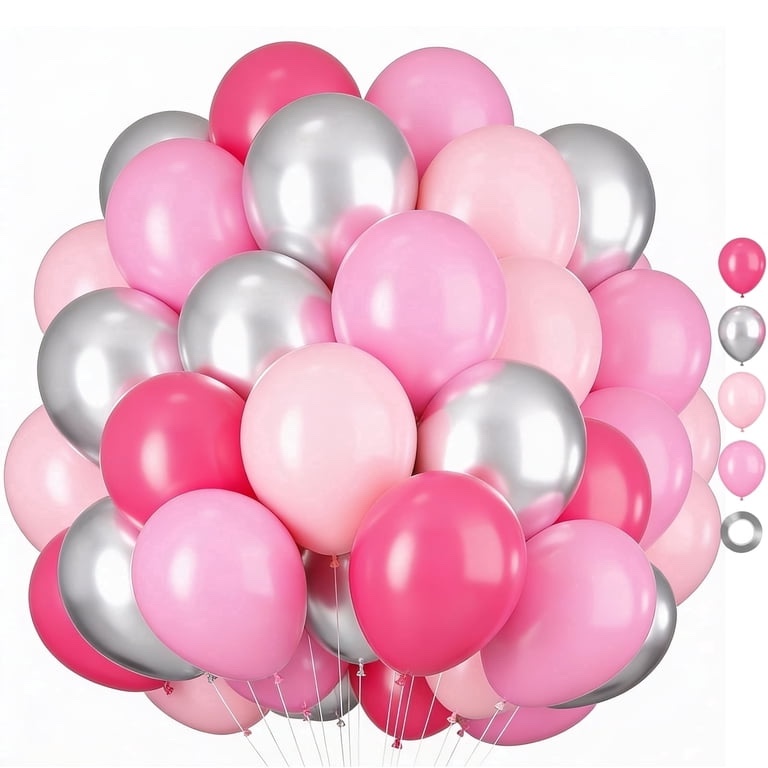 30Pcs 12 Inch Hot Pink Pastel Pink Latex Balloon Metallic Silver Helium Balloons for Girls Women Bridal Birthday Baby Shower Party Decorations  